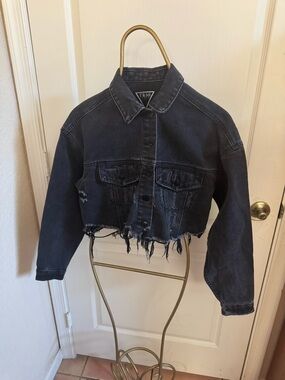 Trio Black Distressed Cropped Denim Jacket with detail on back